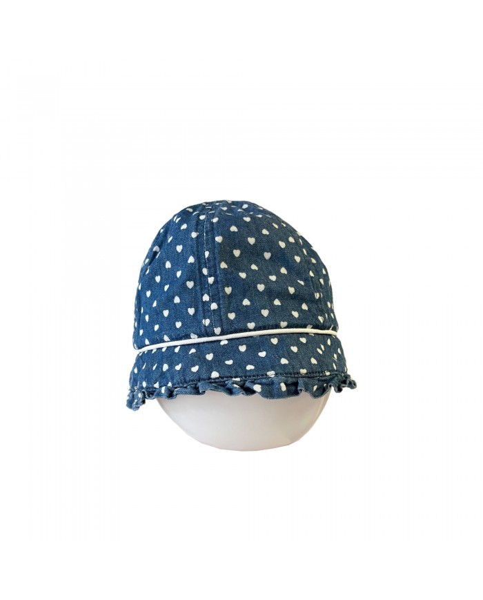 Chapeau de soleil bleu jeans + coeurs - 2-6 mois