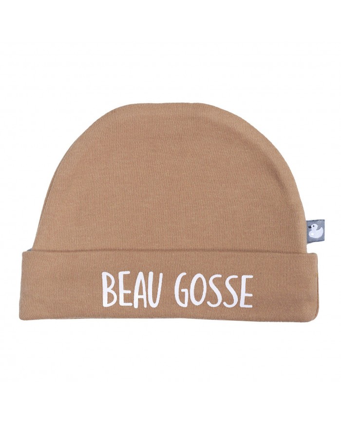 Bonnet doublé pur coton “Beau gosse” camel - 0-3 mois