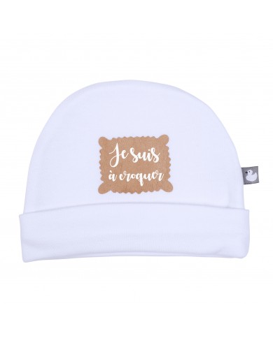Bonnet doublé pur coton “Je suis à croquer” blanc - 0-3 mois