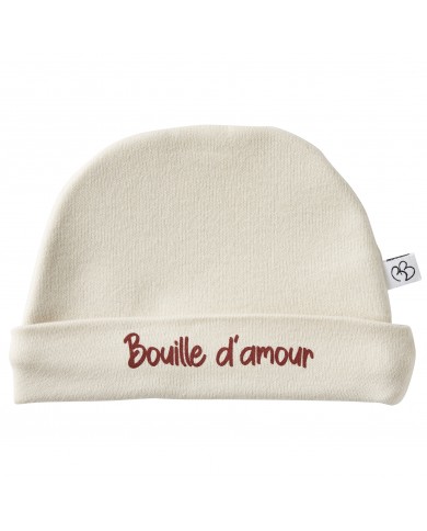 Bonnet doublé pur coton “Bouille d'amour” sable- 0-3 mois
