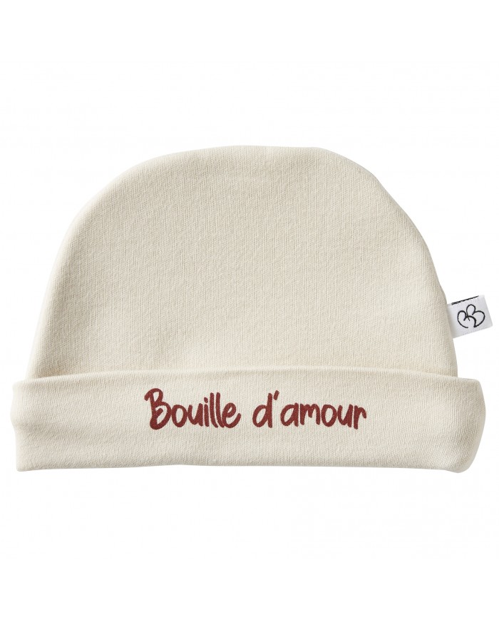 Bonnet doublé pur coton “Bouille d'amour” sable- 0-3 mois
