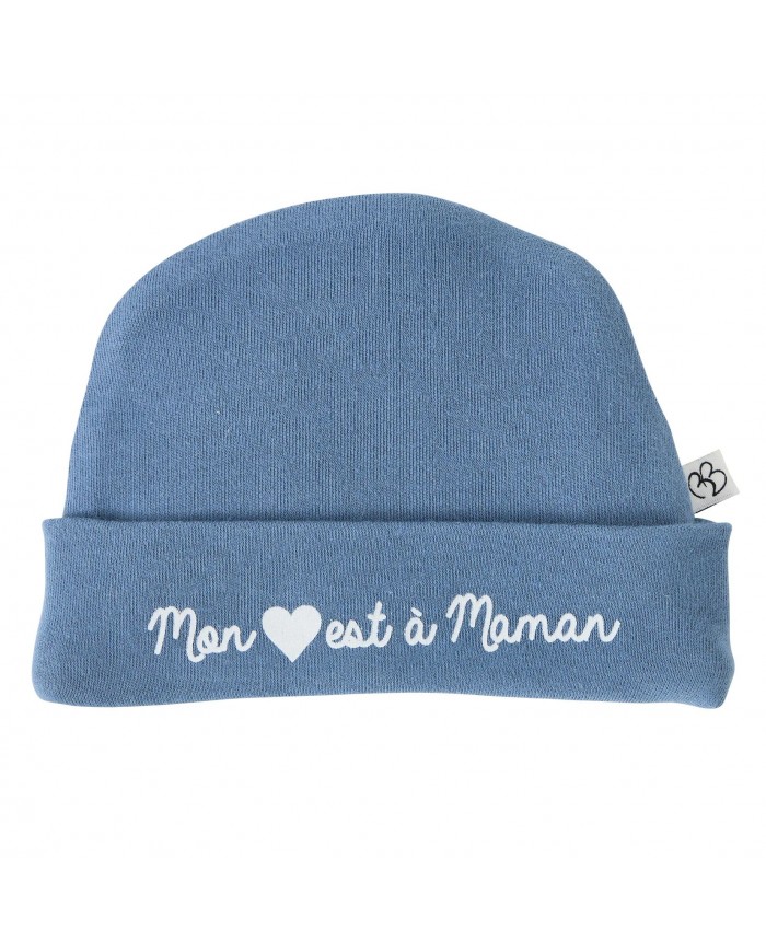 Bonnet doublé pur coton “Mon coeur est à maman” Pierre bleu - 0-3 mois
