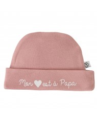 Bonnet doublé pur coton “Mon coeur est à papa” Rose thé - 0-3 mois