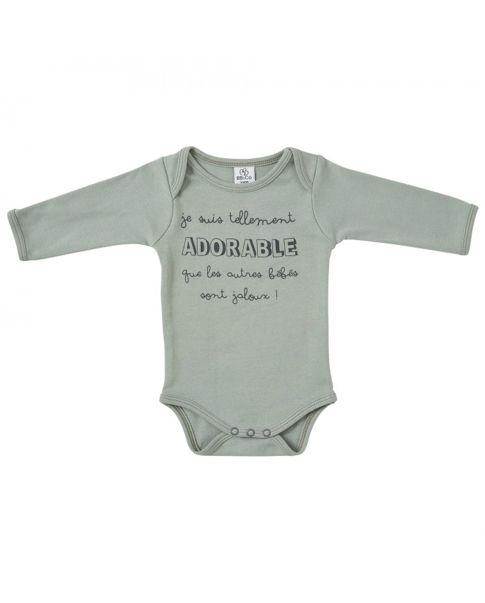 Body manches longues "Je suis tellement adorable" vert de gris Body manches longues "Je suis tellement adorable" vert de gris