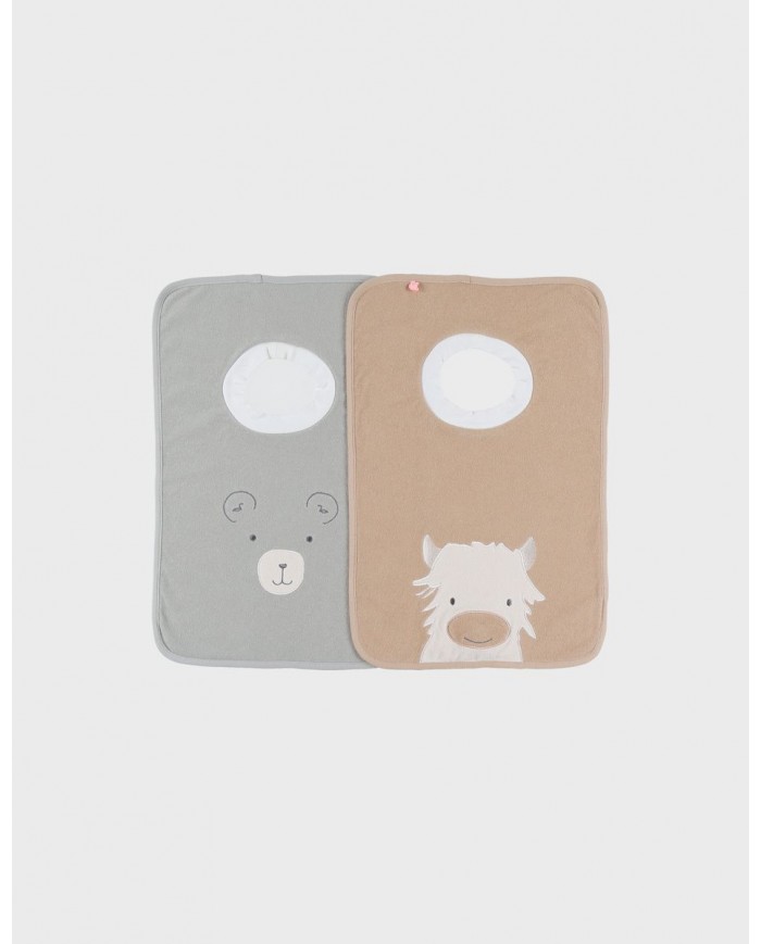 Lot de 2 bavoirs en éponge beige & kaki