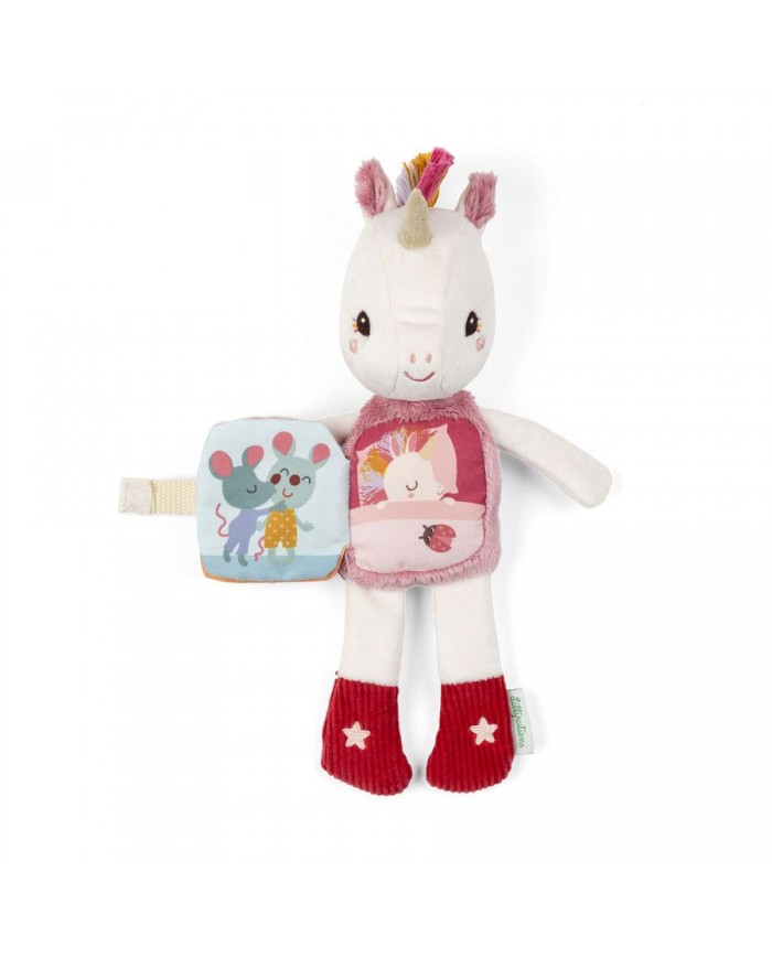 Peluche phosphorescente et livre en tissu Lena la licorne