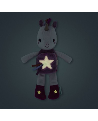 Peluche phosphorescente et livre en tissu Lena la licorne