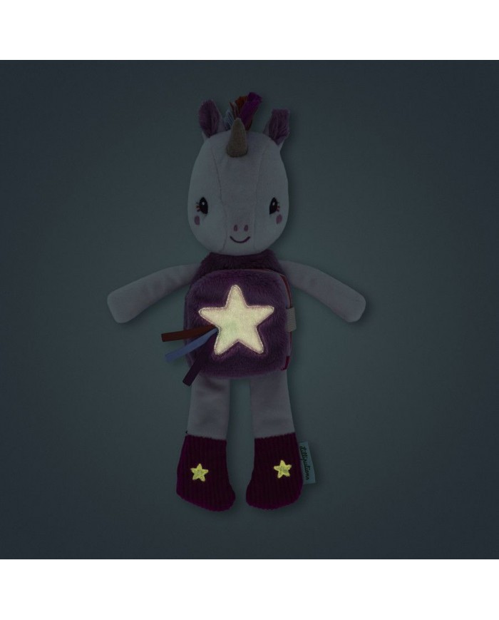 Peluche phosphorescente et livre en tissu Lena la licorne