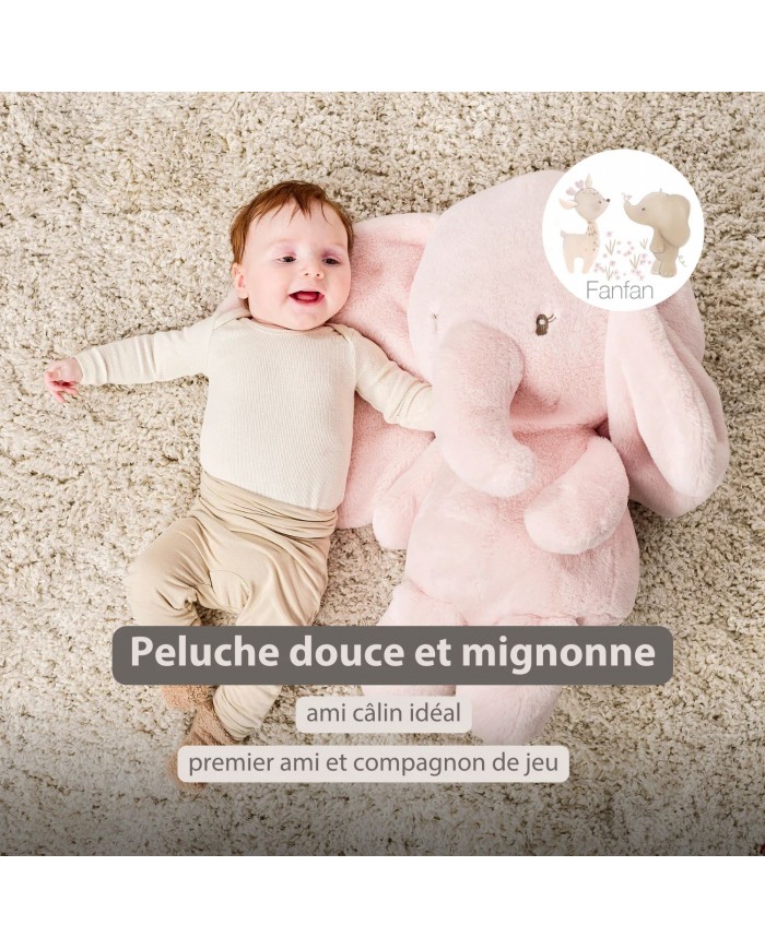 Maxi peluche 60 cm éléphant longs poils - Rose - Fanfan
