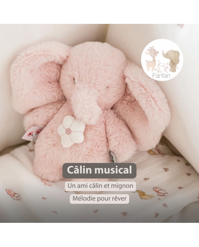 Mini peluche musicale 20 cm éléphant longs poils rose - Fanfan