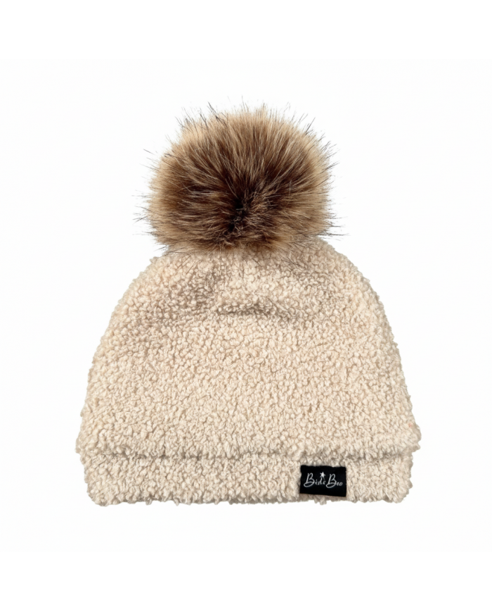 Bonnet pompon bouclette naturel