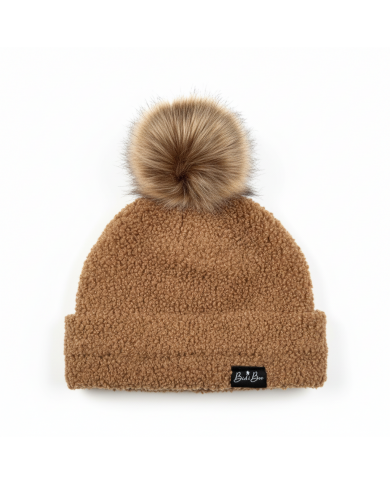Bonnet pompon bouclette biscuit