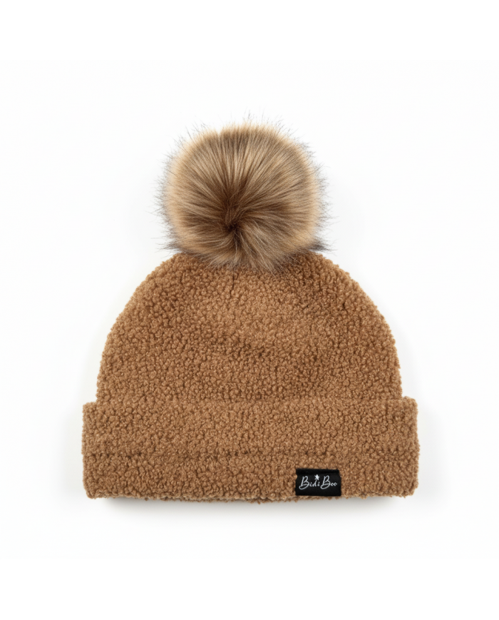Bonnet pompon bouclette biscuit