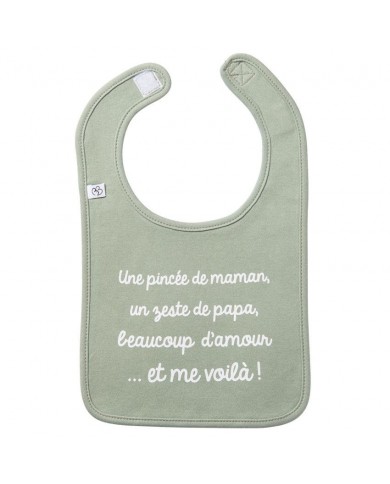 Bavoir "Une pincée de maman, un zeste de papa" vert de gris