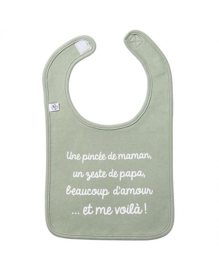 Bavoir "Une pincée de maman, un zeste de papa" vert de gris