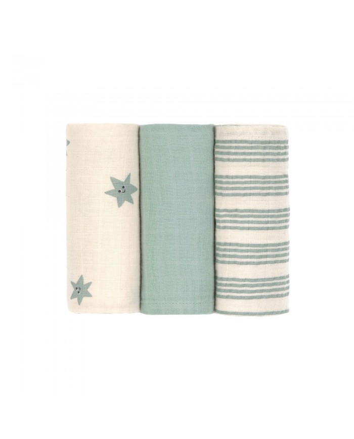 Lot de 3 tétras en coton 60 x 60 cm - Tiny Team, granite vert