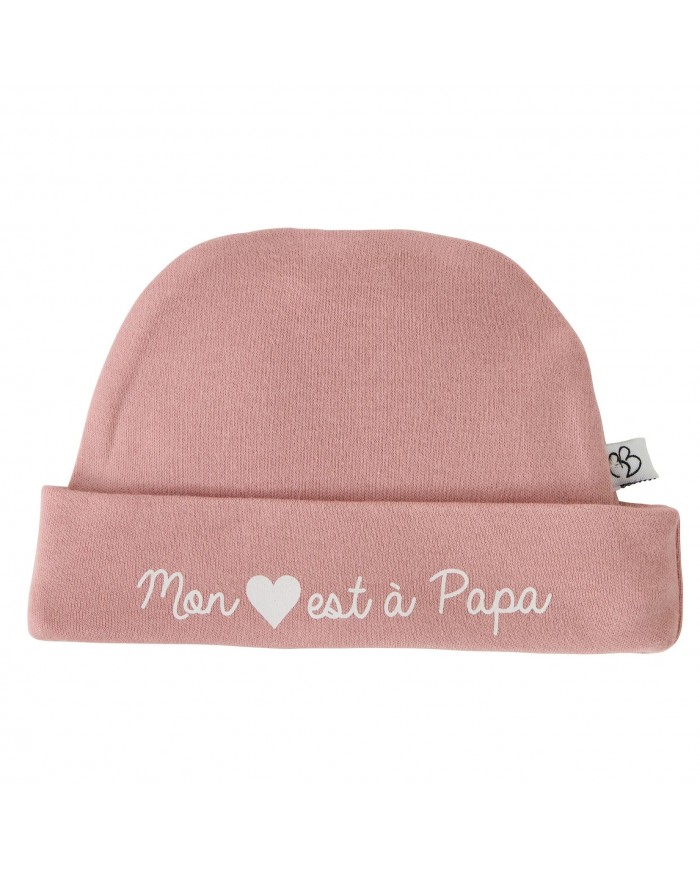 Bonnet doublé pur coton “Mon coeur est à papa” Rose thé - 0-3 mois