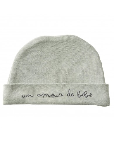 Bonnet doublé pur coton “Un amour de bébé” Vert de gris - 0-3 mois