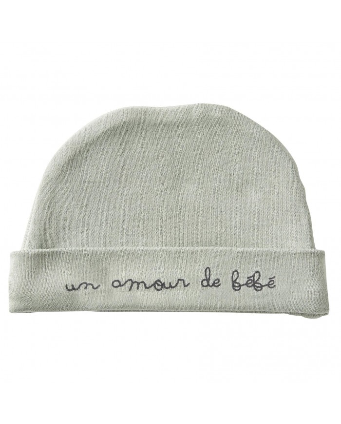 Bonnet doublé pur coton “Un amour de bébé” Vert de gris - 0-3 mois