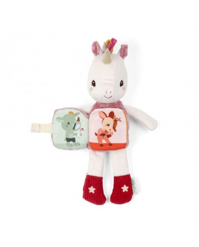 Peluche phosphorescente et livre en tissu Lena la licorne