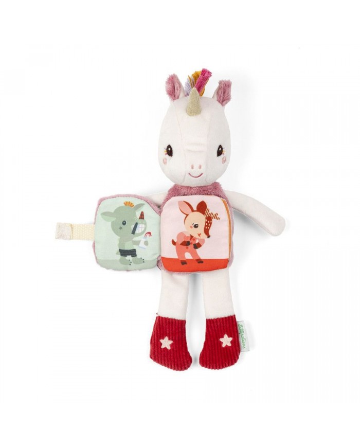 Peluche phosphorescente et livre en tissu Lena la licorne