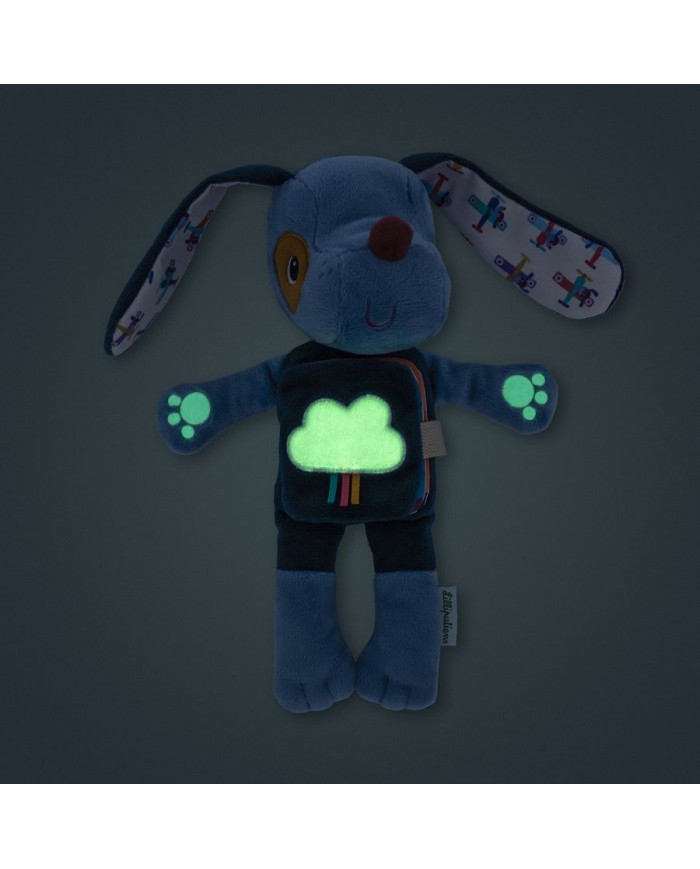 Peluche phosphorescente et livre en tissu Jules le chien