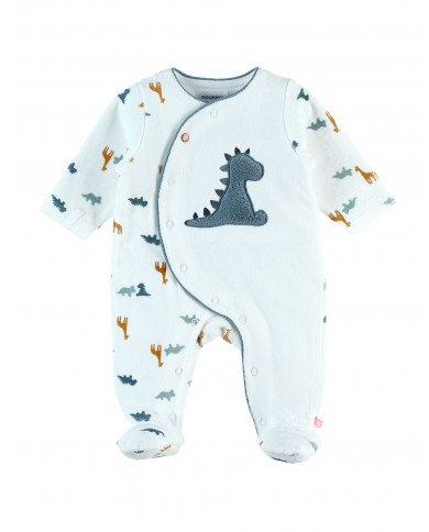 Pyjama dinosaure en velours, blanc/bleu