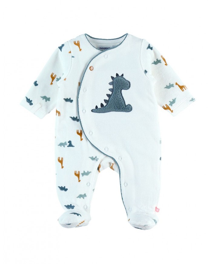 Pyjama dinosaure en velours, blanc/bleu