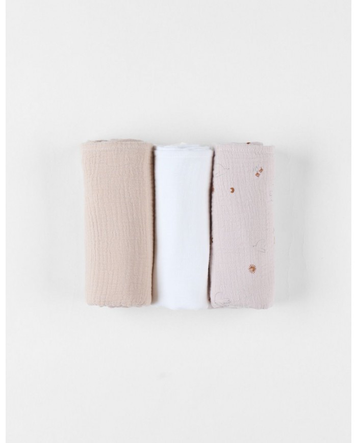 Lot de 3 tétras 70x70cm, mousseline - Beige / blanc