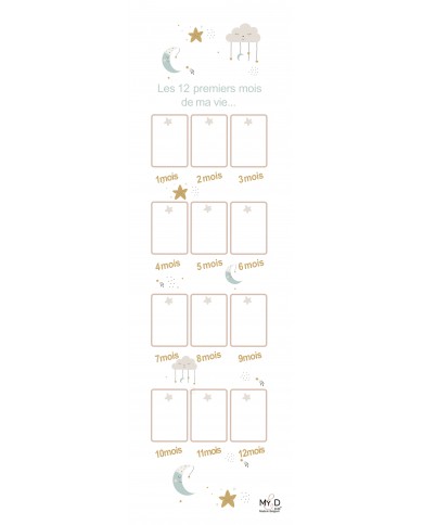 Cadre photo à suspendre - 12 premiers mois - 125 x 30 cm - Lune étoile