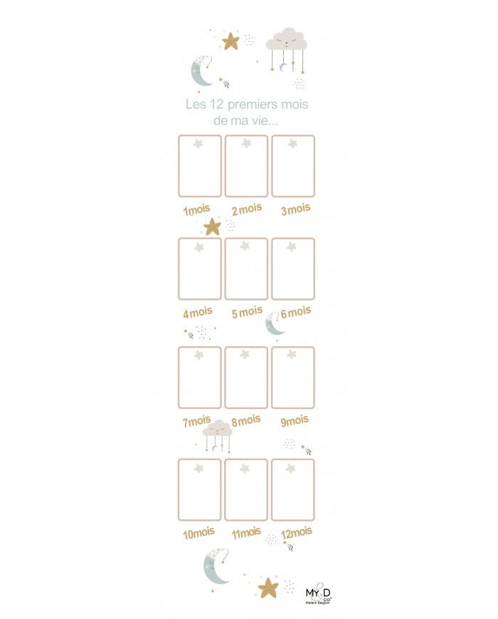 Cadre photo à suspendre - 12 premiers mois - 125 x 30 cm - Lune étoile