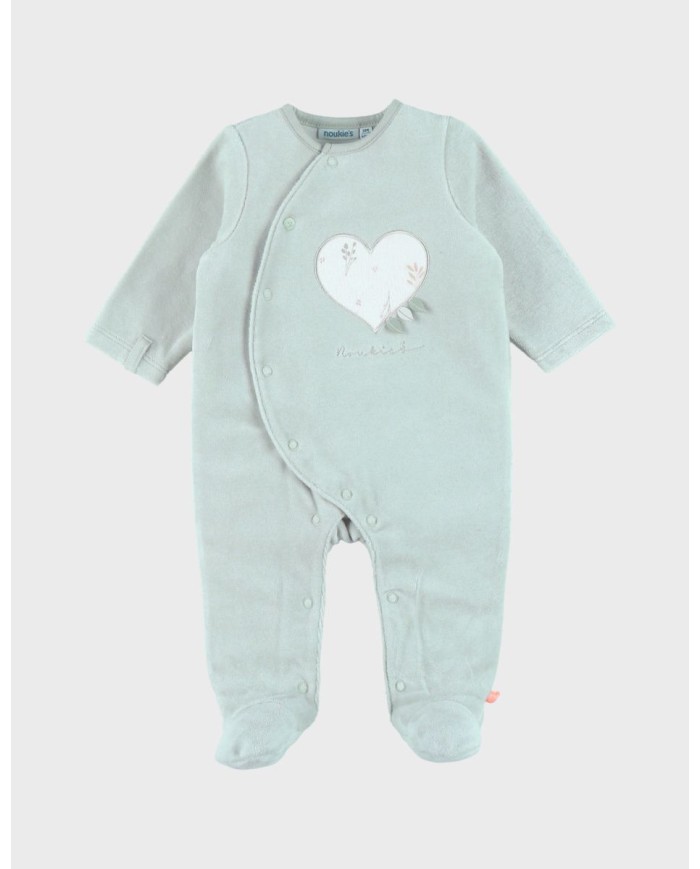 Pyjama bébé, velours brodé - Vert d'eau
