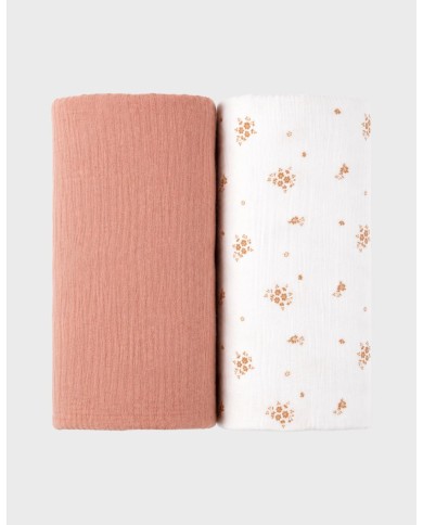 Tétras 100x100 cm, lot de 2 - Mousseline de coton bio - Vintage Flowers