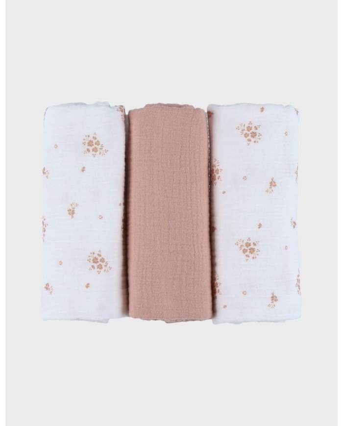 Tétras 70x70 cm, lot de 3 - Mousseline de coton bio - Vintage Flowers