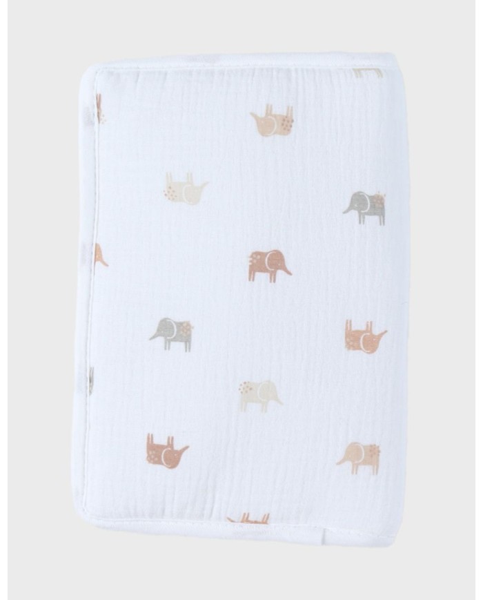 Protège carnet de santé, mousseline blanche - Eléphants