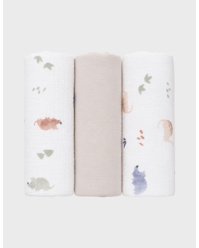 Lot de 3 tétras 70*70cm, mousseline de coton bio - Dino
