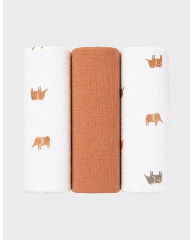 Lot de 3 tétras 70*70cm, mousseline de coton bio - Eléphants