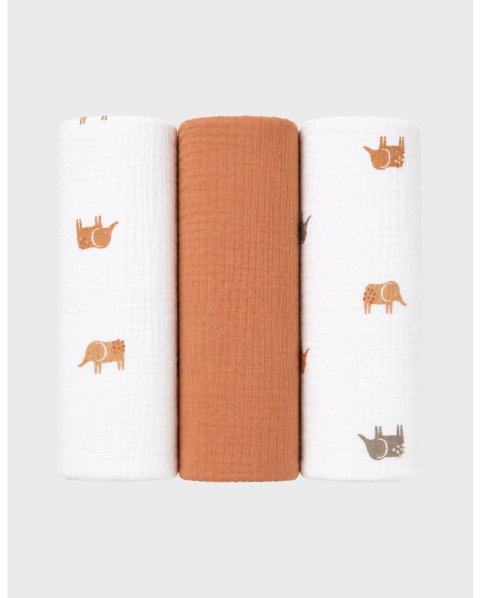 Lot de 3 tétras 70*70cm, mousseline de coton bio - Eléphants