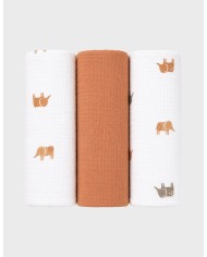 Lot de 3 tétras 70*70cm, mousseline de coton bio - Dino